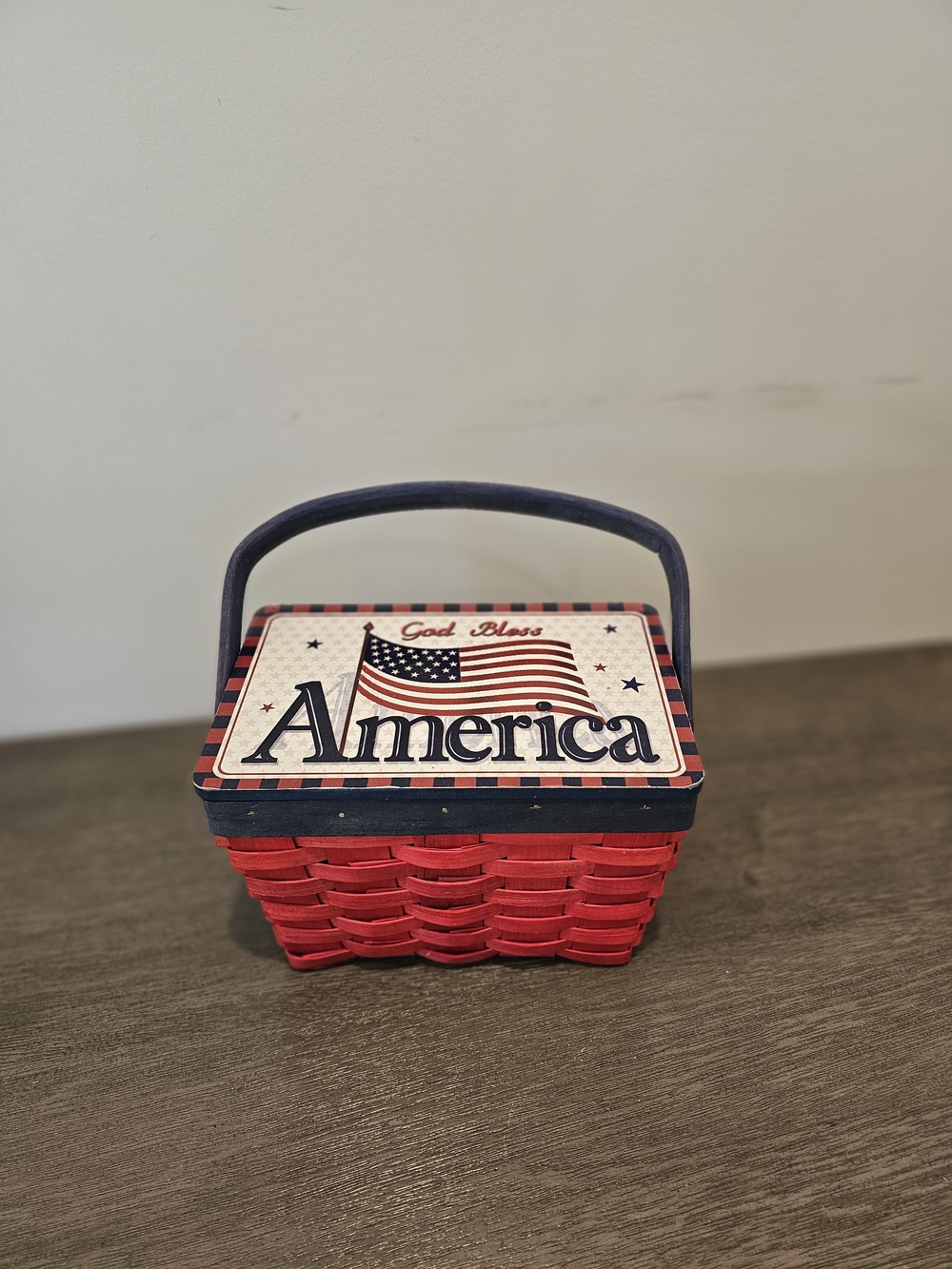 Patriotic Americana Mini Woven Wood Basket with Lid – God Bless America Flag